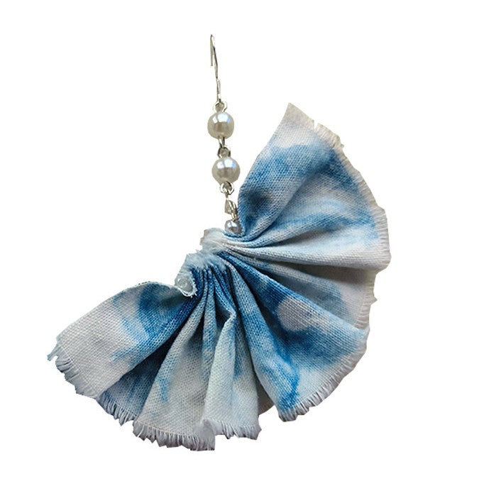 Blue & White Hand-Dyed Fan Earrings with Tassel Detail