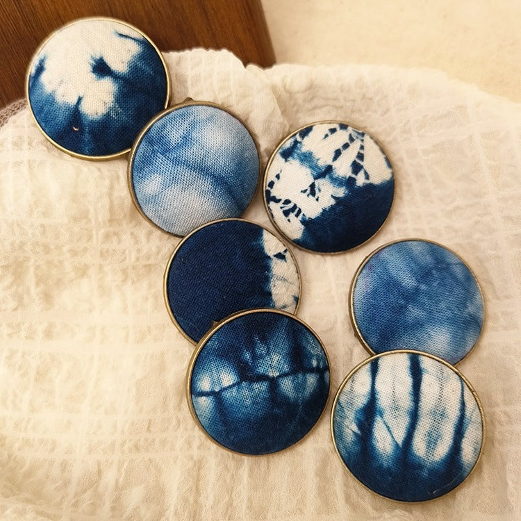 Blue & White Hand-Dyed Round Textile Brooch