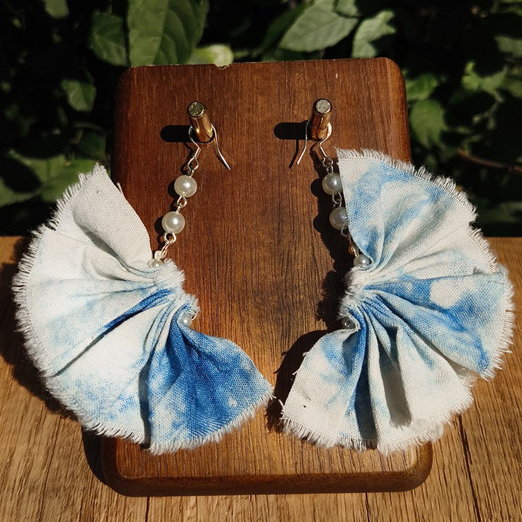 Blue & White Hand-Dyed Fan Earrings with Tassel Detail