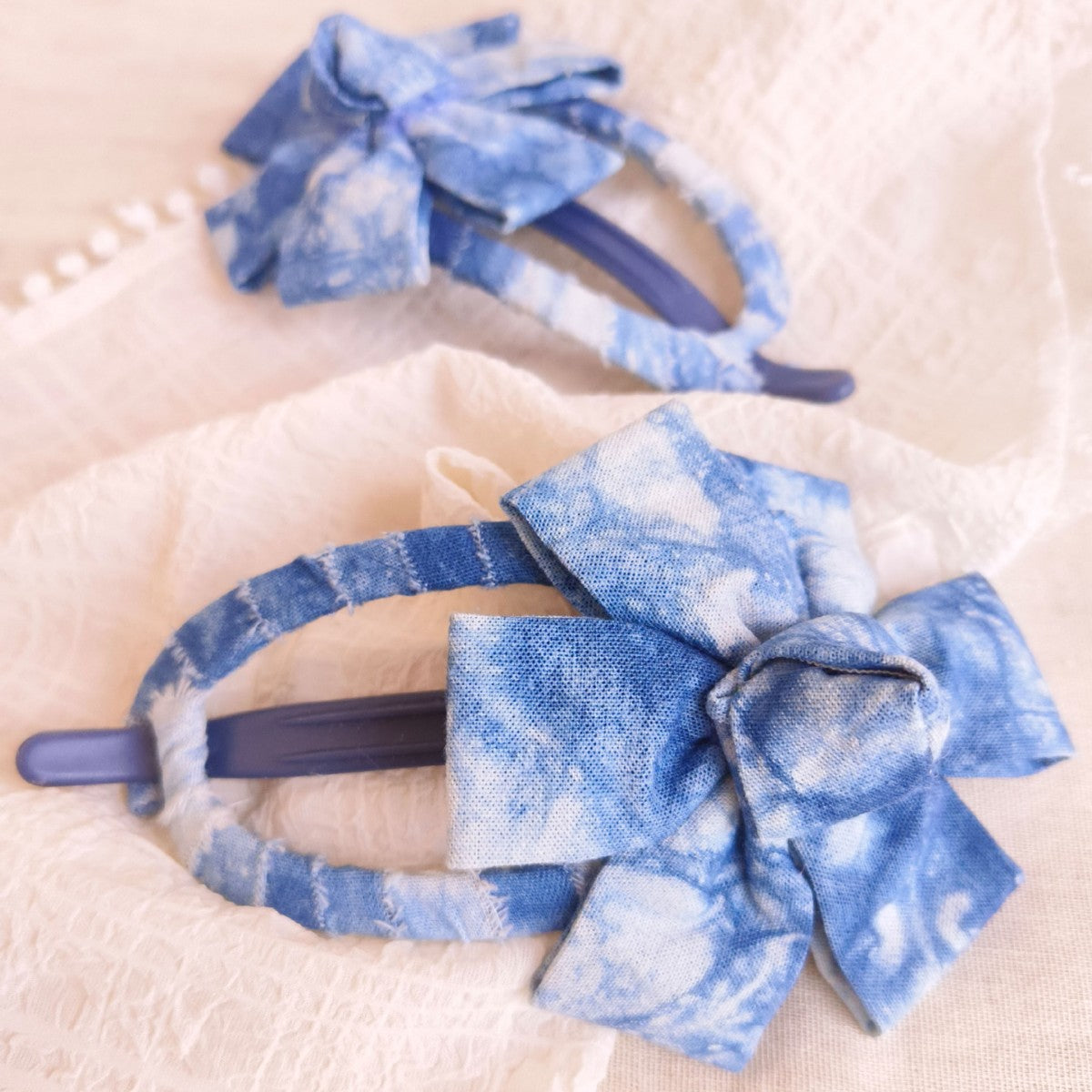 Blue and White Tie-Dye Fabric Flower Hair Pin