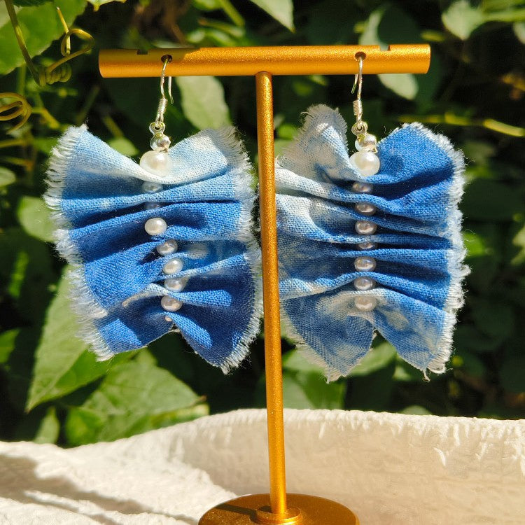 Blue & White Hand-Dyed Textile Statement Earrings
