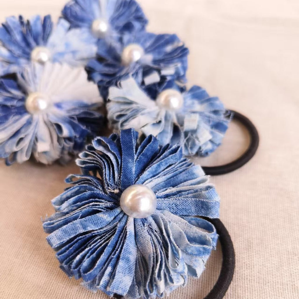 Blue & White Hand-Dyed Floral Hair Clip & Brooch