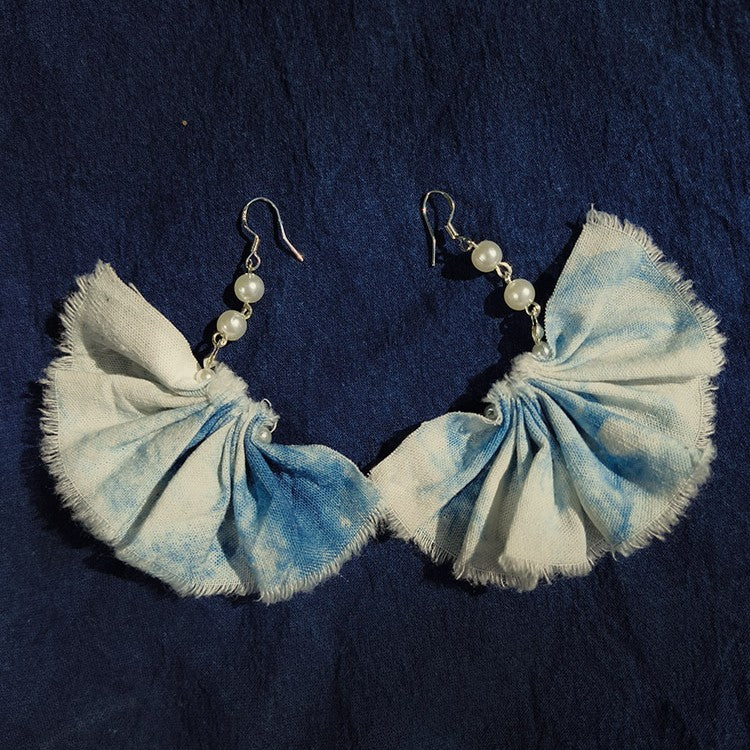 Blue & White Hand-Dyed Fan Earrings with Tassel Detail