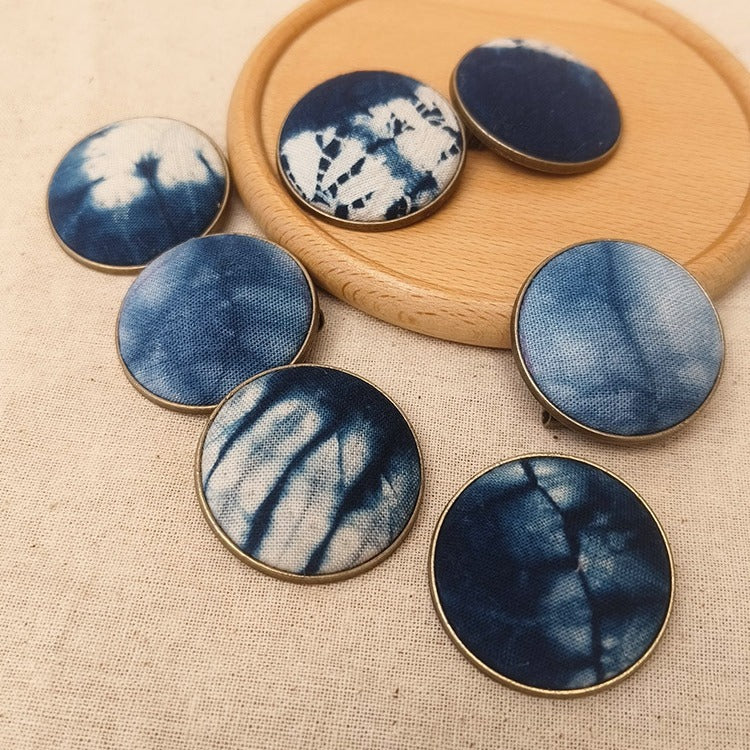 Blue & White Hand-Dyed Round Textile Brooch