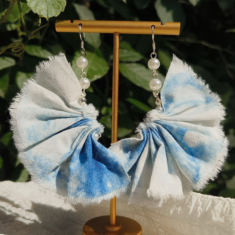 Blue & White Hand-Dyed Fan Earrings with Tassel Detail