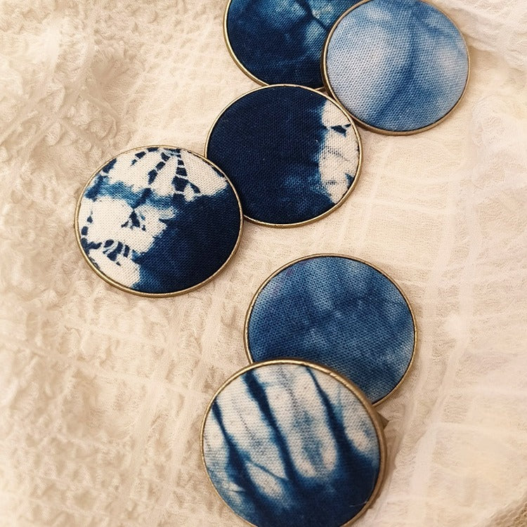 Blue & White Hand-Dyed Round Textile Brooch