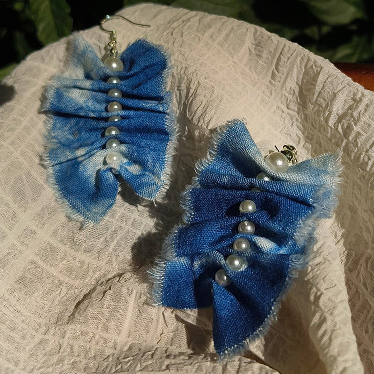 Blue & White Hand-Dyed Textile Statement Earrings