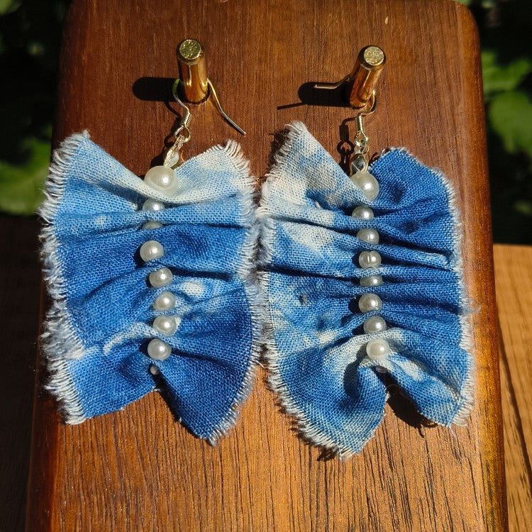 Blue & White Hand-Dyed Textile Statement Earrings