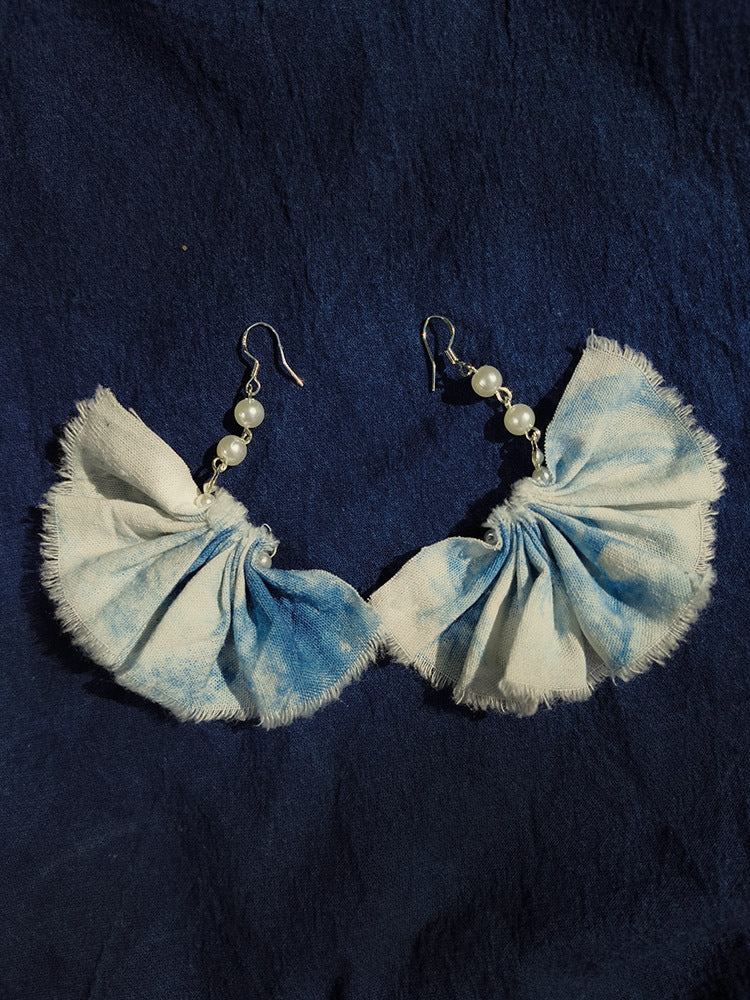 Blue & White Hand-Dyed Fan Earrings with Tassel Detail