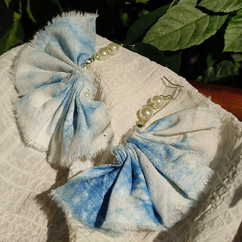 Blue & White Hand-Dyed Fan Earrings with Tassel Detail