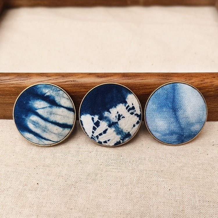Blue & White Hand-Dyed Round Textile Brooch