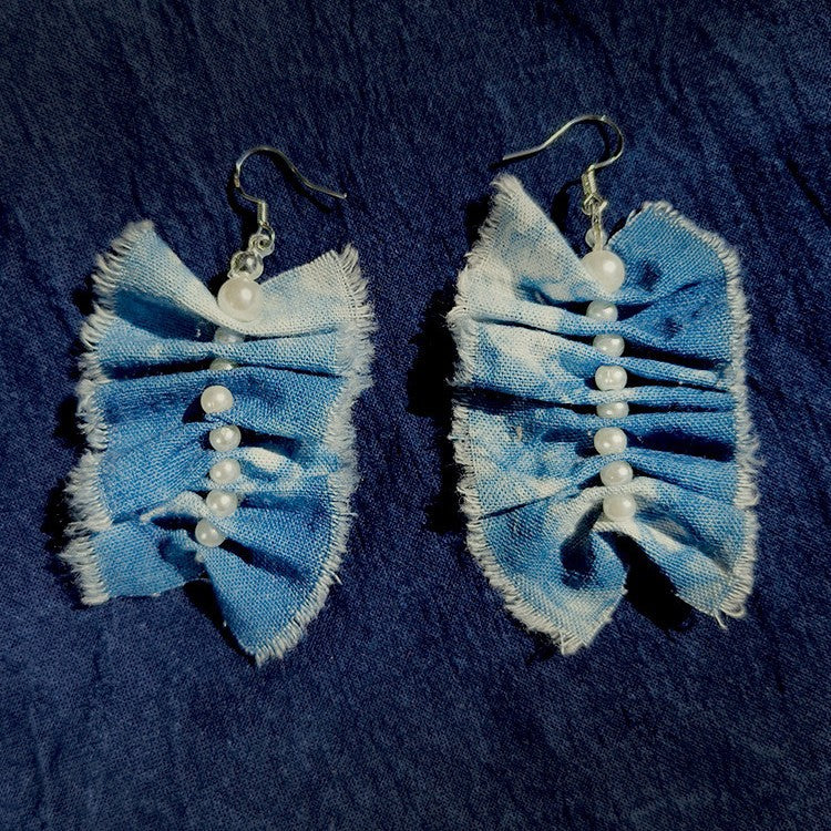 Blue & White Hand-Dyed Textile Statement Earrings